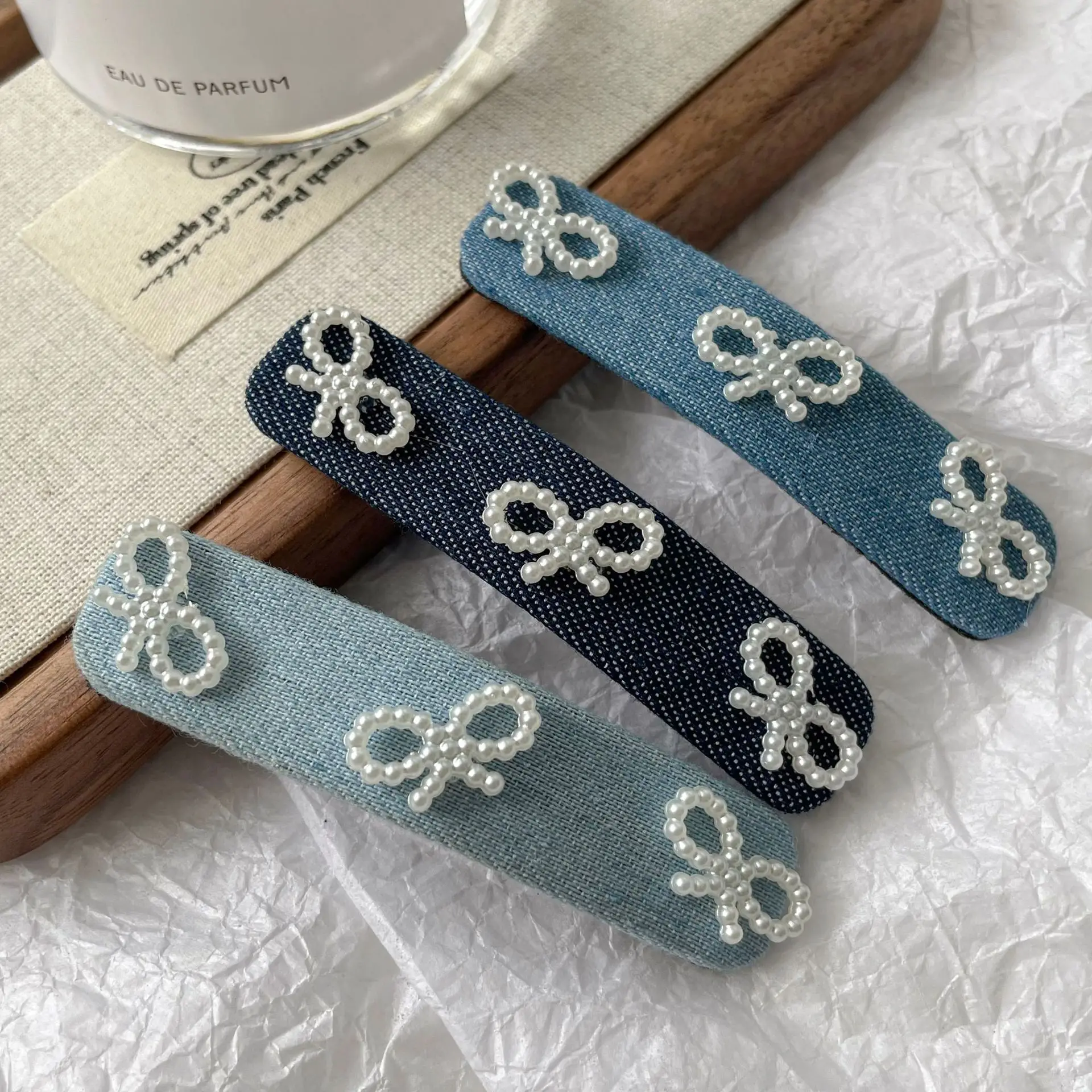 2024 New Korean Style Blue Series Denim Pearl BowKnot BB Hair Clips with Kawayi Hairpin Barrettes  Accessories for Women