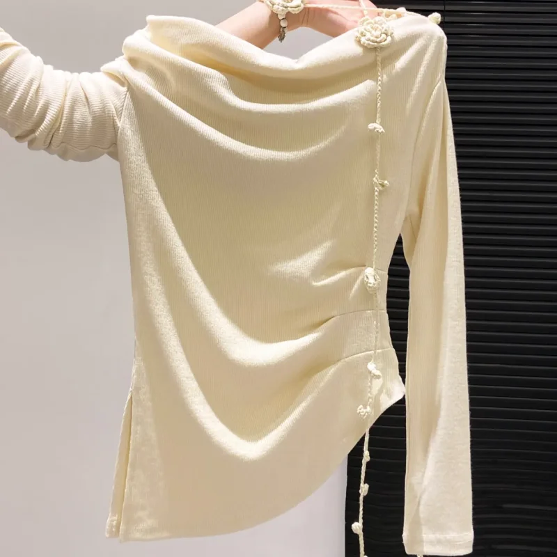 

Hot Girl Swing Collar Sloping Shoulder Flower Lace Long Sleeve T-Shirt Women's 2025 Early Autumn New Pleated Waist Bottoming Top