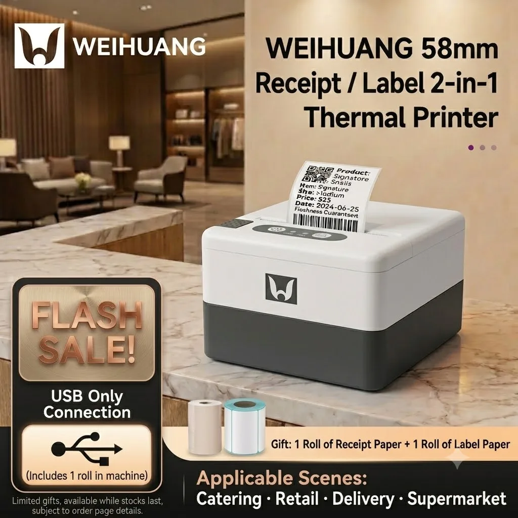 WEIHUANG P20 58mm 2 Inch Thermal Label Receipt Printer USB Desktop Barcode QR Code Sticker POS Bill Machine for Retail Shop Cafe