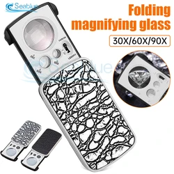 30/60/90X Magnifier Banknote Inspection LED Lamp Pull-out Folding Magnifying Glass Antique Appraisal Jewelry Diamond Repair Tool