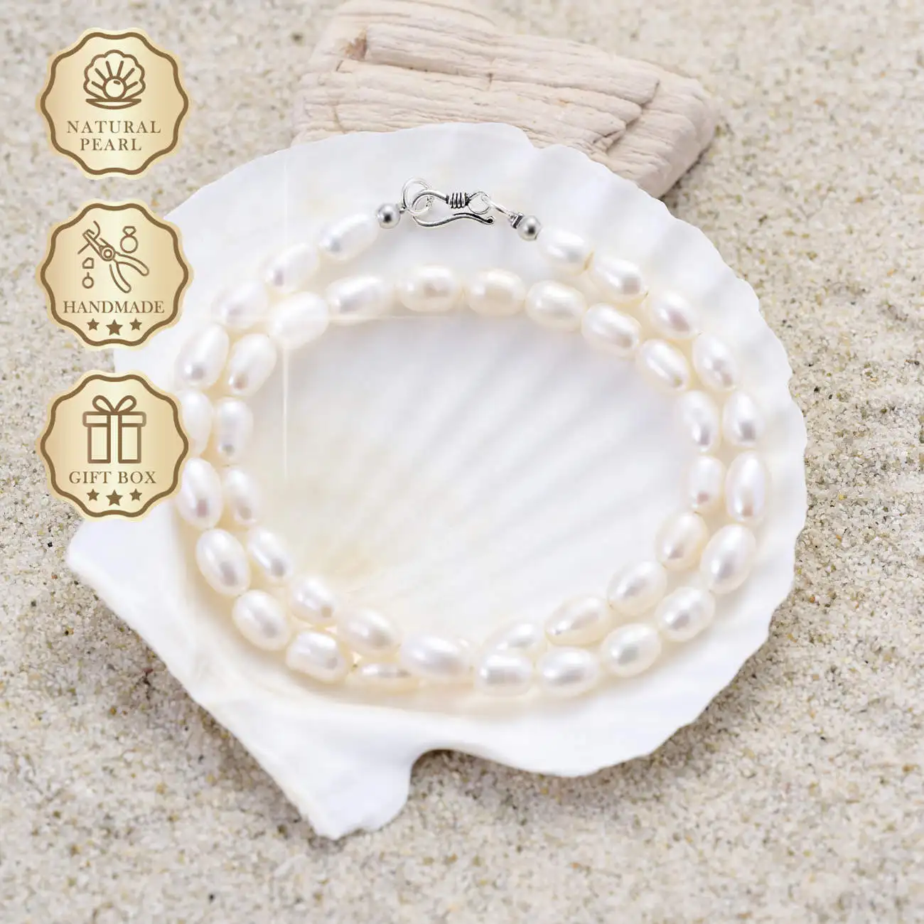MYSOYA عقد من لؤلؤ المياه العذبة من الأرز الأبيض مقاس 7-8 مم مع مشبك خطاف فضي وصندوق هدايا وهدية عيد الميلاد والذكرى السنوية #3