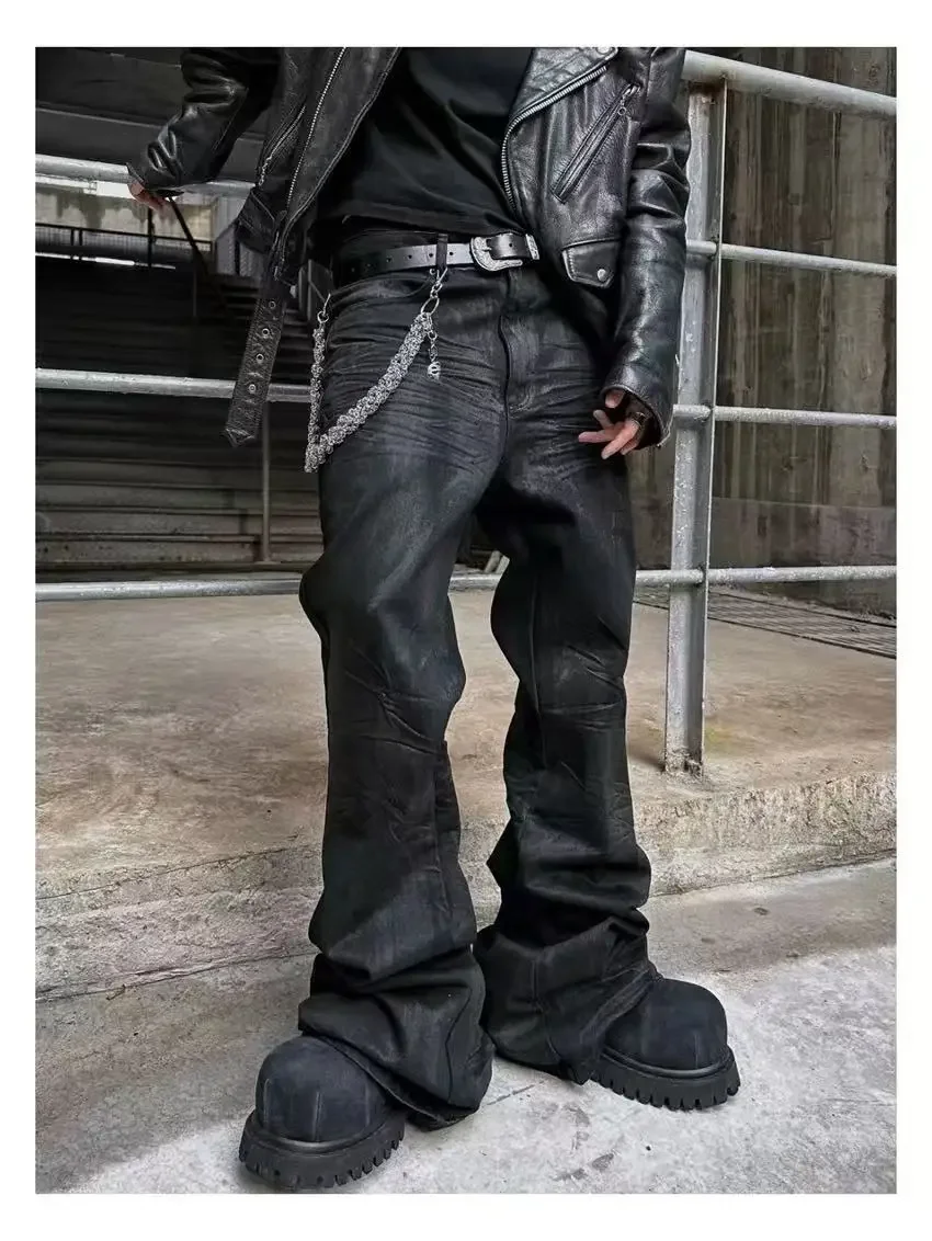 

2026 Джинсы с микро-клеш с покрытием High Street, американские ретро тяжелые мужские и женские черные повседневные свободные джинсы в готическом стиле в стиле ретро
