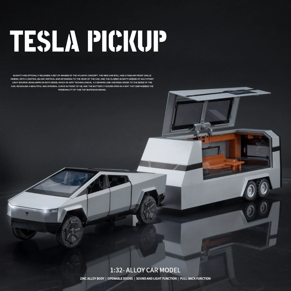 

Diecast 1/32 Tesla Pickup Trailer Alloy Car Model Collective RV Vehicles Metal Voiture Miniature Home Decor Boys Birthday Gift