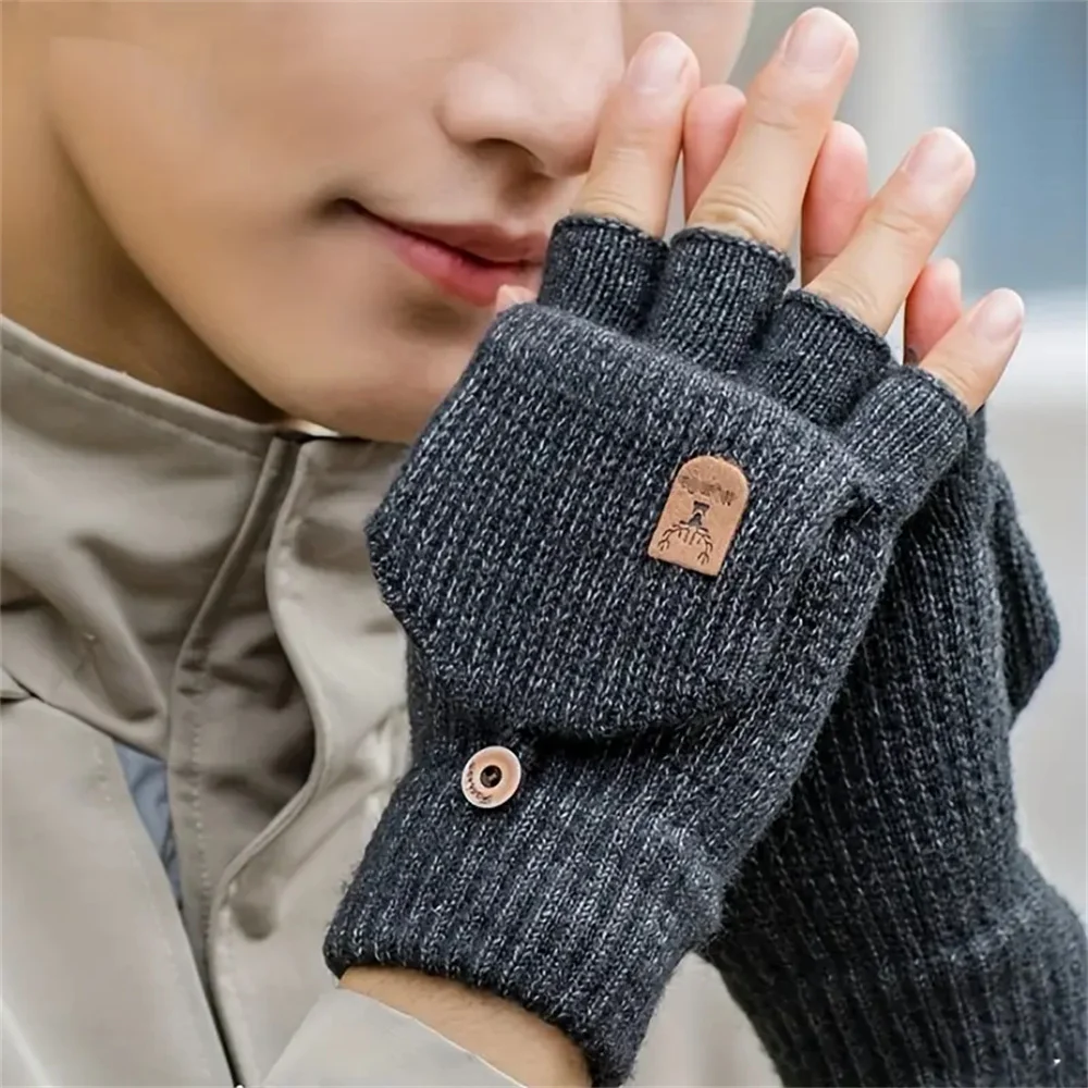 Men Women Winter Gloves Half Finger Open Flip Design Flap Warm Gloves Knitted Thickened Windproof Hand Cover Gifts for Outdoor