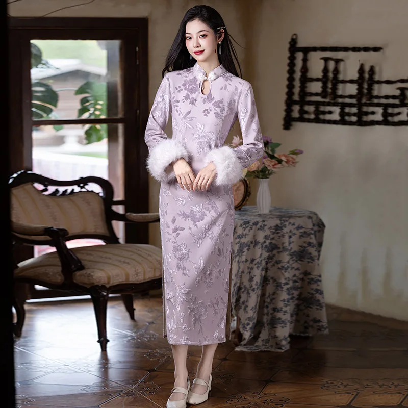 Women Satin Qipao Jacquard Exquisite Cheongsam Luxurious Mandarin Collar Evening Party Dress Patch Work Mao Long Sleeve Vestidos