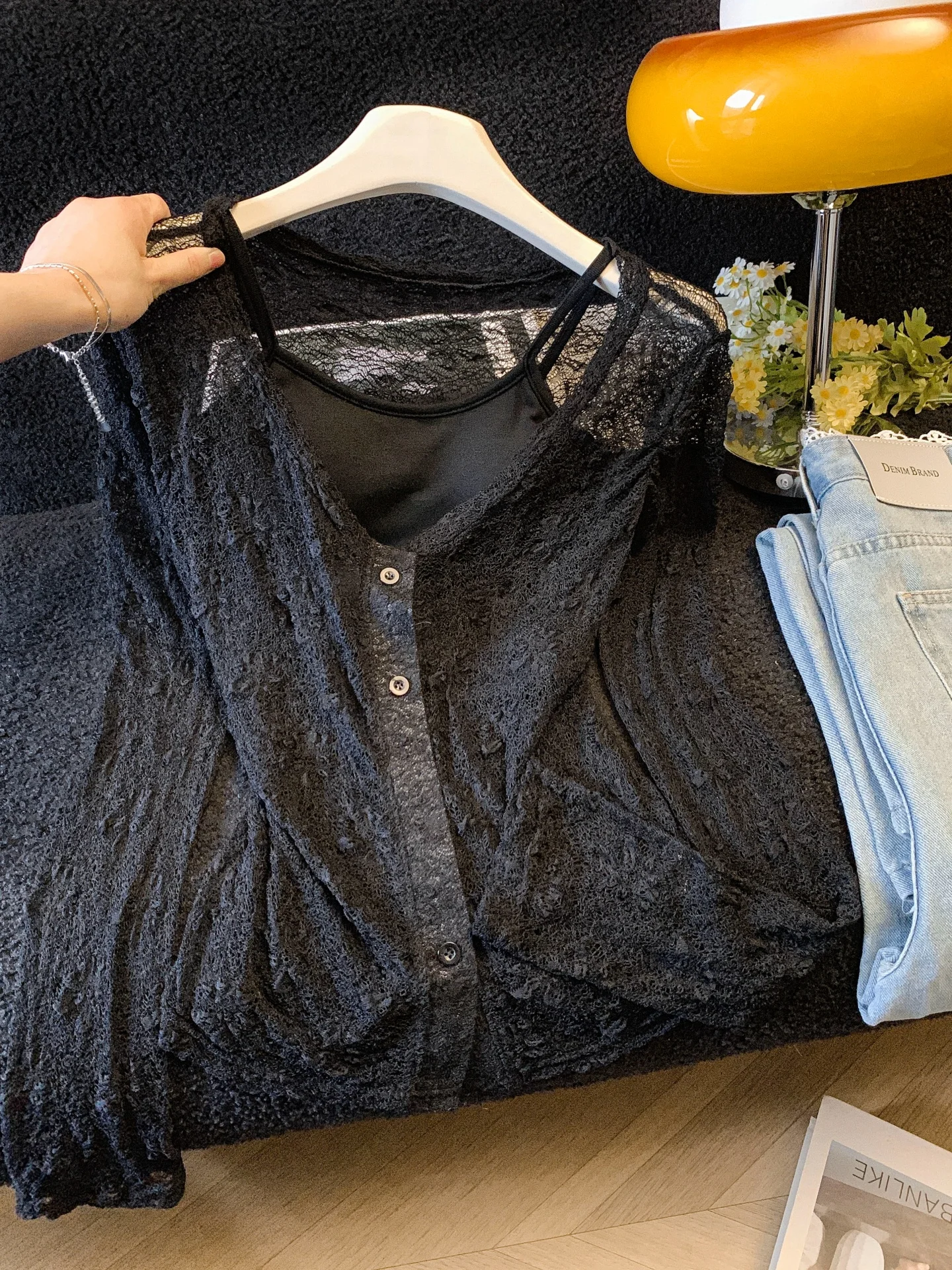 

Корейский кружевной ажурный топ с вырезами, женская новинка весны 2026, с бретельками, прозрачная тонкая солнцезащитная накидка-кардиган