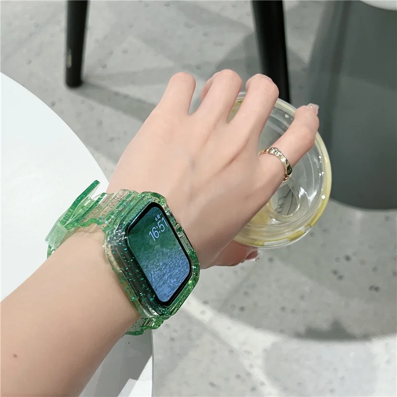 Glitter Clear Plastic Band For Apple Watch 41mm 45mm 44 42mm Fashion Sports Wristband For IWatch 8 7 6 SE 5 4 3 Accessory Strap