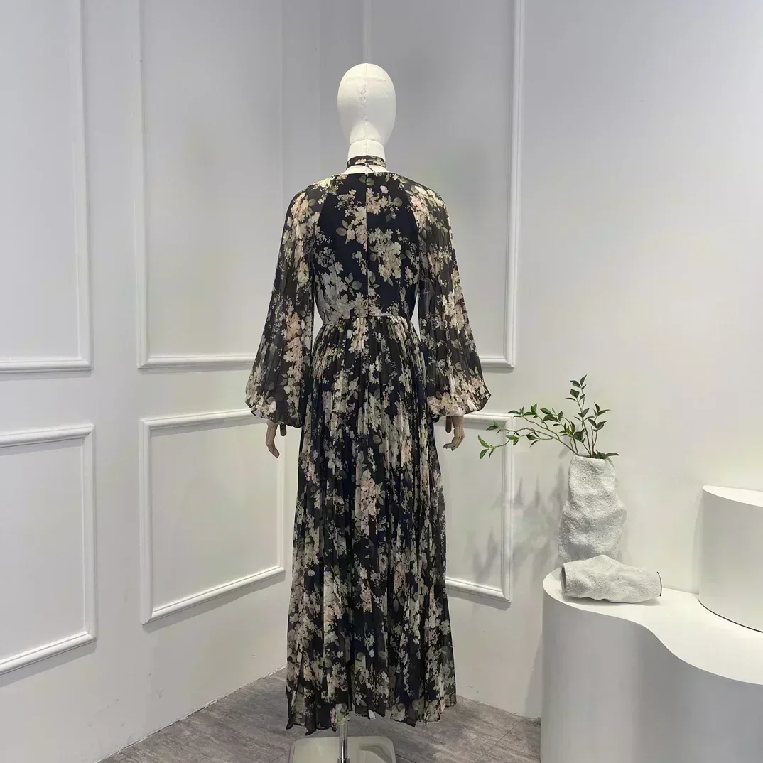 Vestido Midi Vintage con estampado Floral de alta calidad para mujer, manga larga acampanada, cuello en V, lazo automático, otoño 2023