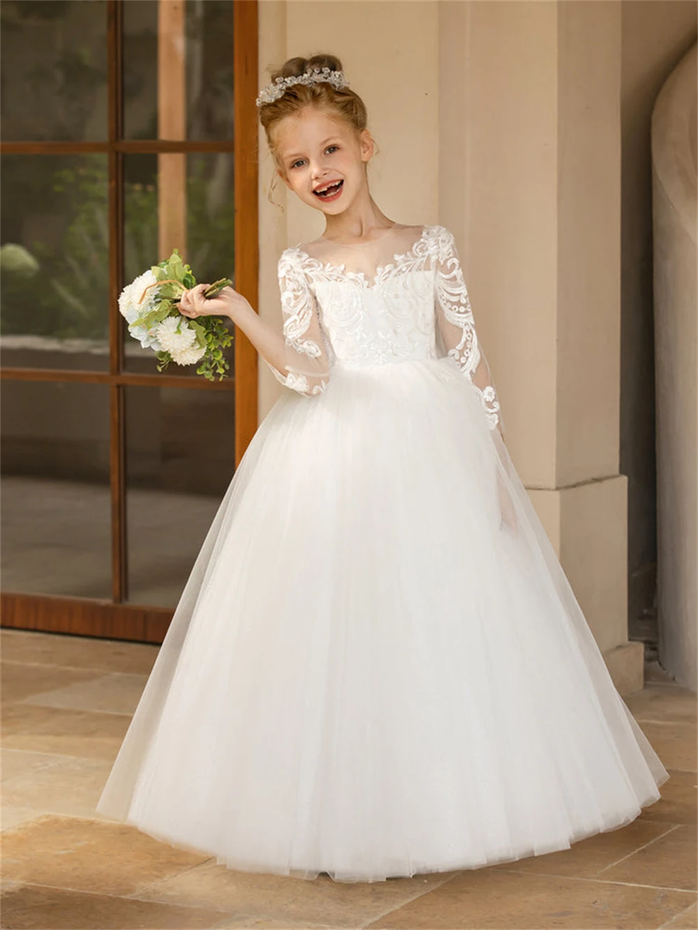 Champagne Lace Flower Girl Dress for Wedding Applique Tulle Puffy Long Sleeves A-Line With Bow Princess Birthday Party Ball Gown