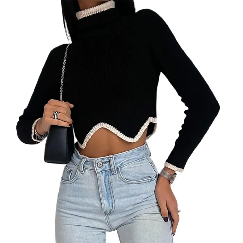 Women Sweater Long Sleeves Wave Hem Ribbed Cropped Sweater Winter Turtleneck Pullover кофта женская