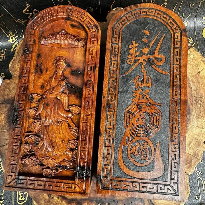 Taoist cultural items, lightning struck jujube wood reliefs, fox fairy goddess token, Taoist altar offerings