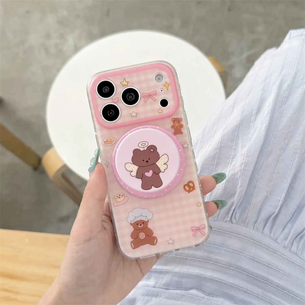 Kawaii Brown Bear Print Magnetic Phone Case For iPhone 15 16 17 ProMax Pink Checkered Cases With Magsafe Bear Grip Kickstand