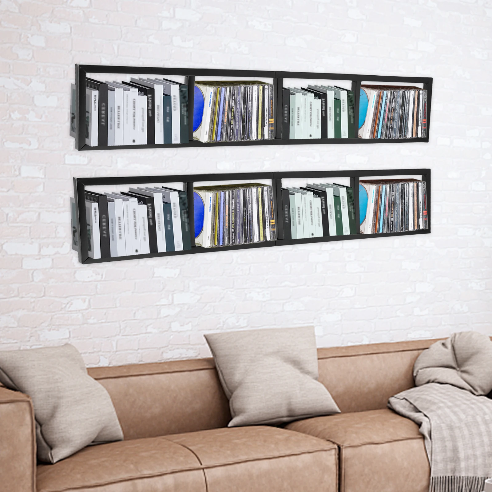 قطعتان من رفوف تخزين الأقراص المضغوطة المعدنية مقاس 34 بوصة، باللون الأسود، قابلة للتركيب على الحائط لتوفير المساحة، تحمل ألعاب CD/DVD/الفيديو، لمراكز الوسائط المنزلية