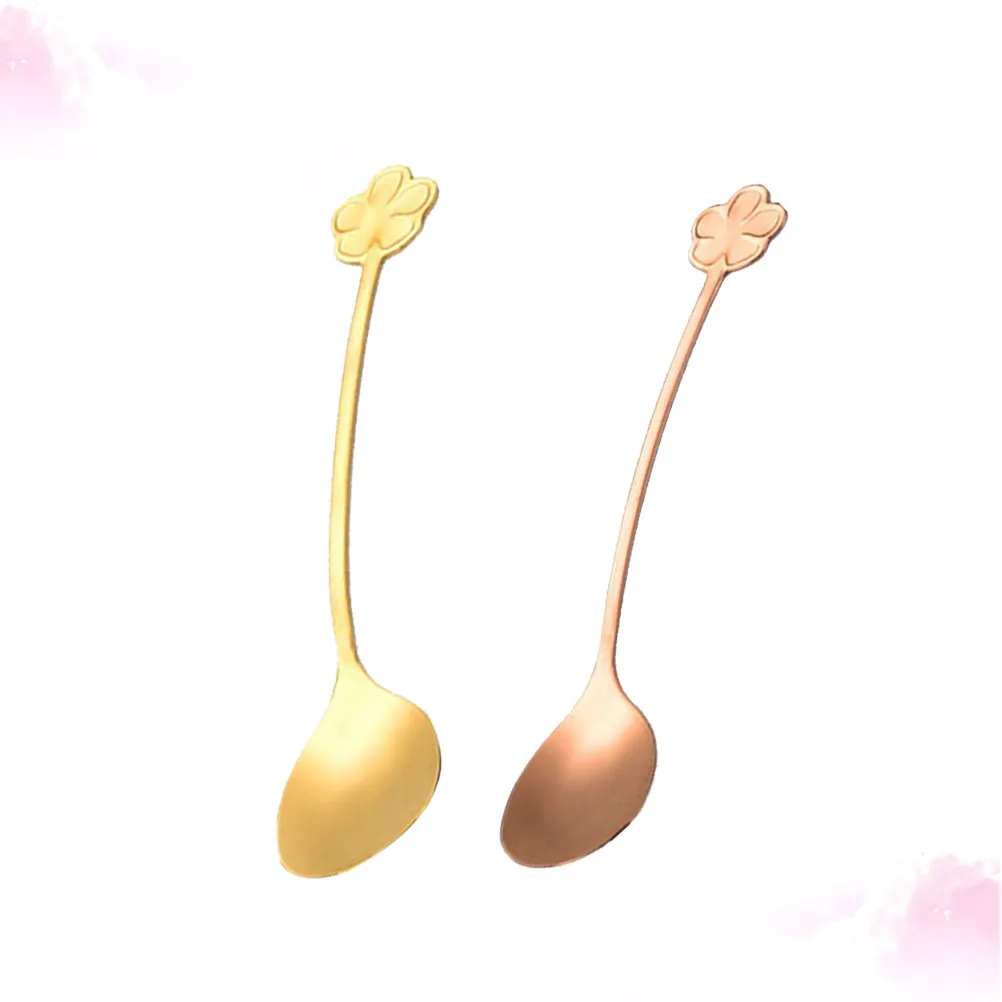 2Pcs Stainless Steel Coffee Spoon Gold Plated Thickened Rustproof Dessert Spoon Unique Four-Leaf for Home