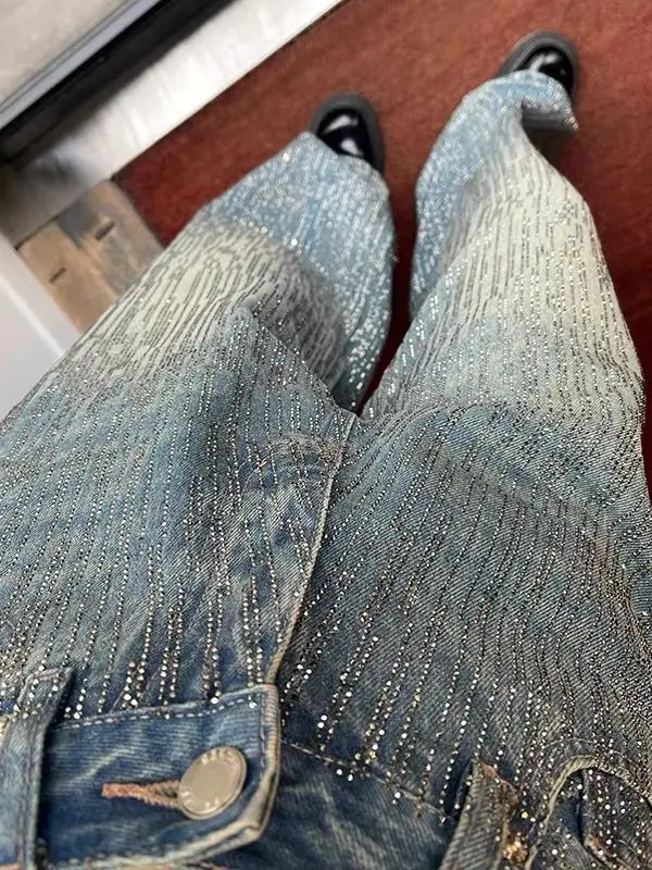 European-Style Design Multi Star Bright Diamond Denim Pants Suitable for Summer Streetwear Y2K Shiny Wide-Leg Floor-Length Pants
