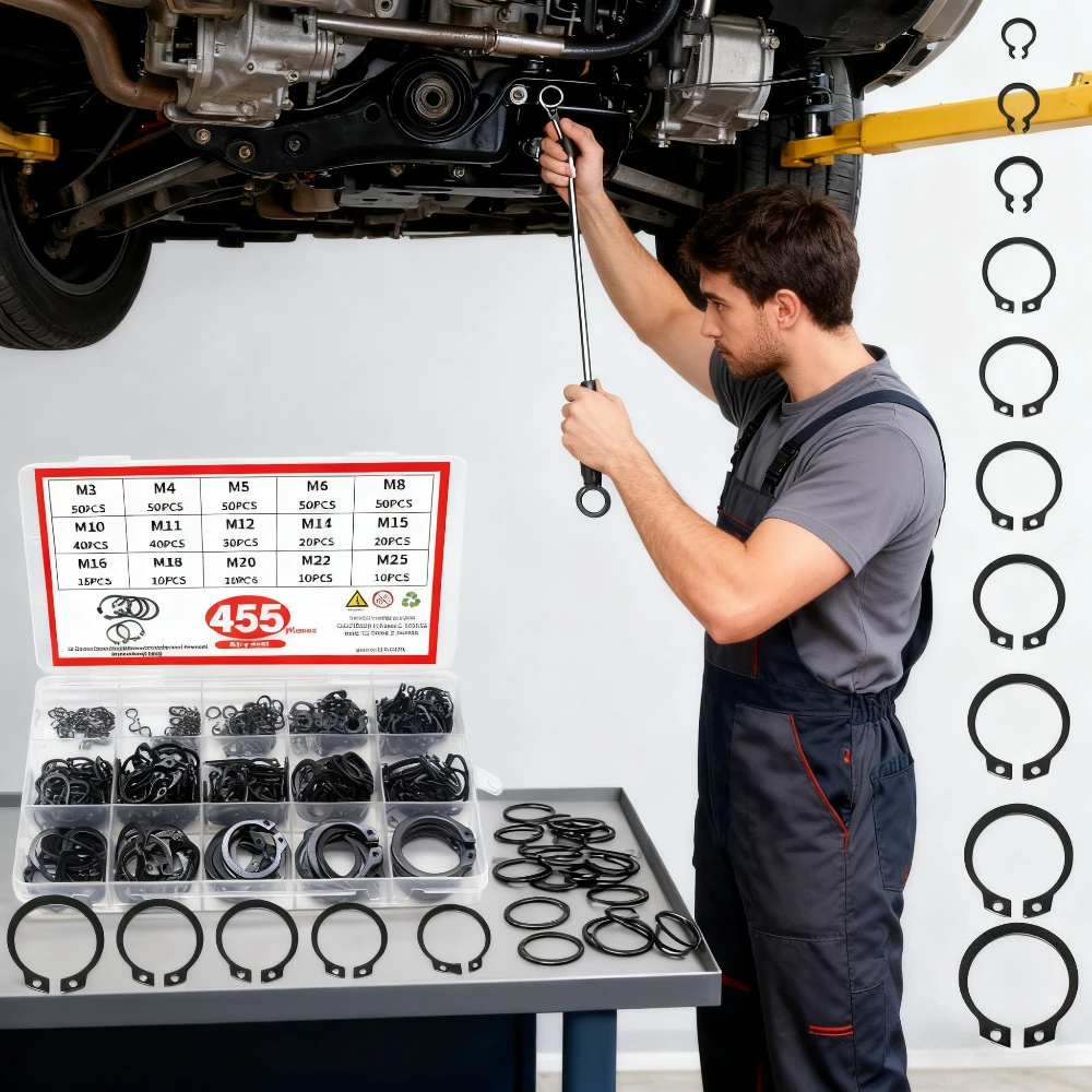 

455pcs Internal Circlip Assortment Kit C Clip Washer set 65 Manganese Steel M3-M25 Retaining Ring Snap Ring kit for metal shaft