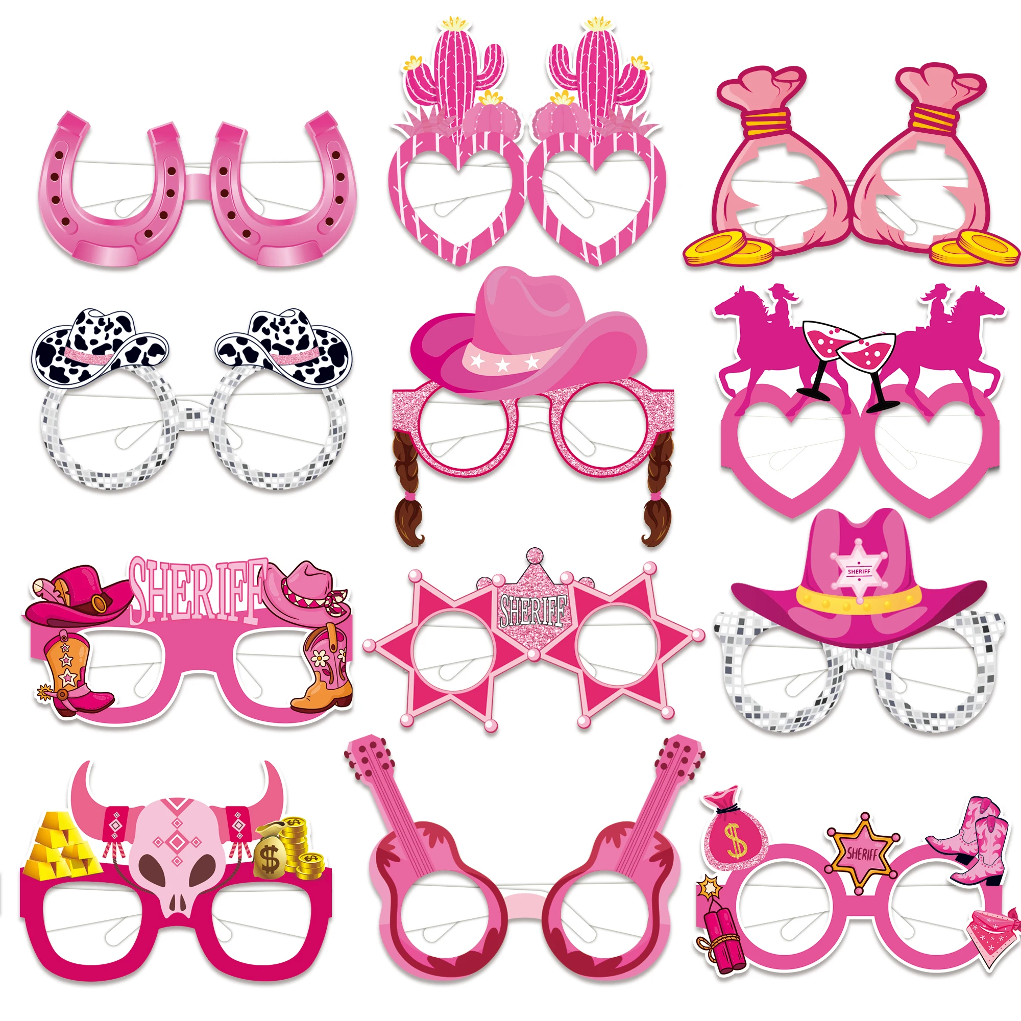 12 Stück Rosa Cowgirl-Themen-Brillen Foto-Requisiten, Geburtstagsparty-Dekoration Maske DIY Fotografie-Requisite Party-Zubehör