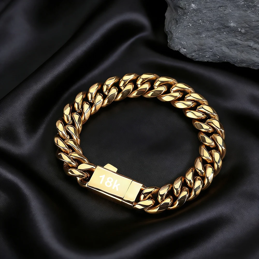 

HHIOK Wholesale Jewelry 6/8/10/12mm Width Cuban Bracelet Stainless Steel Miami Cuban Link Chain Bracelet with Laser 18k Logo