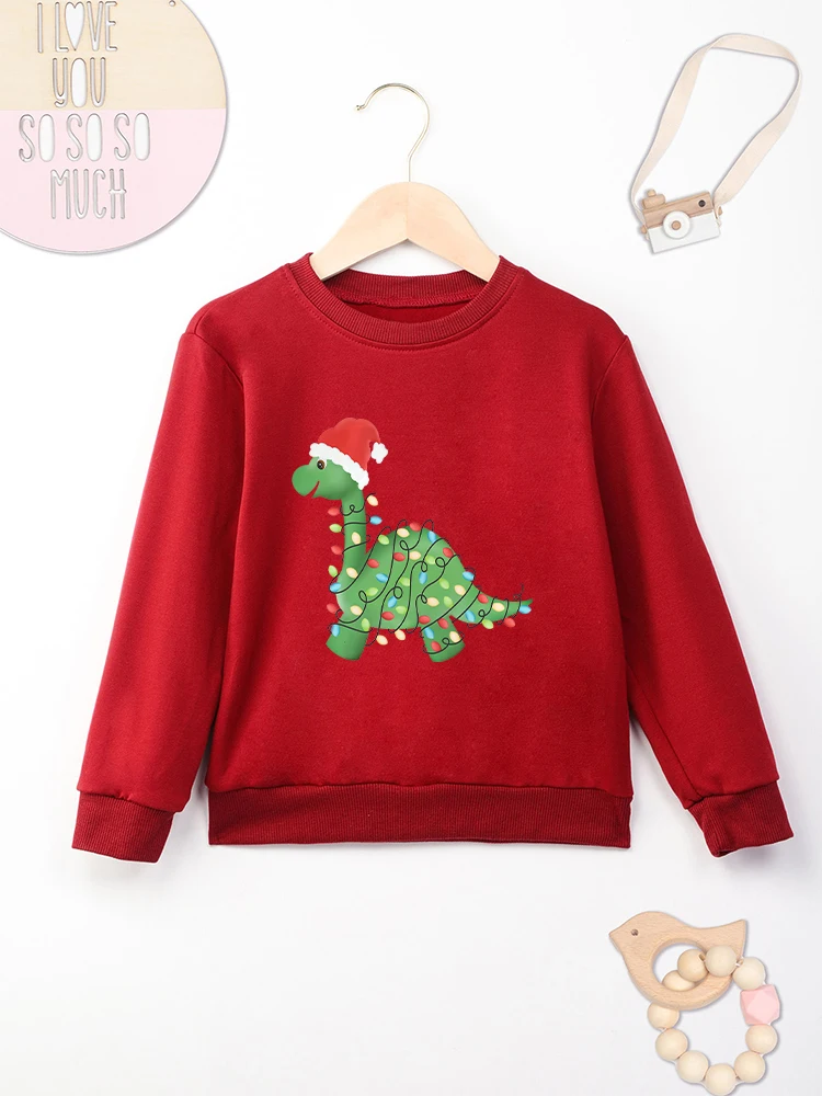 

Cartoon Dinosaur Baby Boy Girl Sweatshirt Cute Christmas Clothes Red Fashion Festival Vibe Kids Hoodie Cheap Cozy Xmas Home Tops