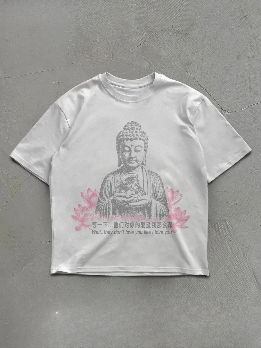 Gothic Buddha Print Short Sleeve Harajuku Vintage Top Y2K Fashion Short Sleeve Casual Loose Street Wear Print Round Neck T Shirt