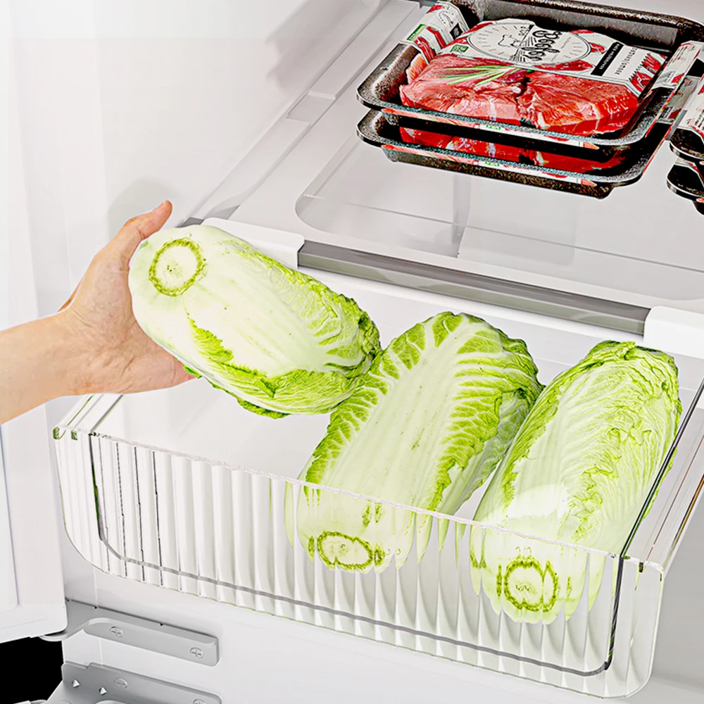 Pull-Out Refrigerator Drawer Organizer Stackable Kitchen Storage Container Space-Saving Helper for All Refrigerators