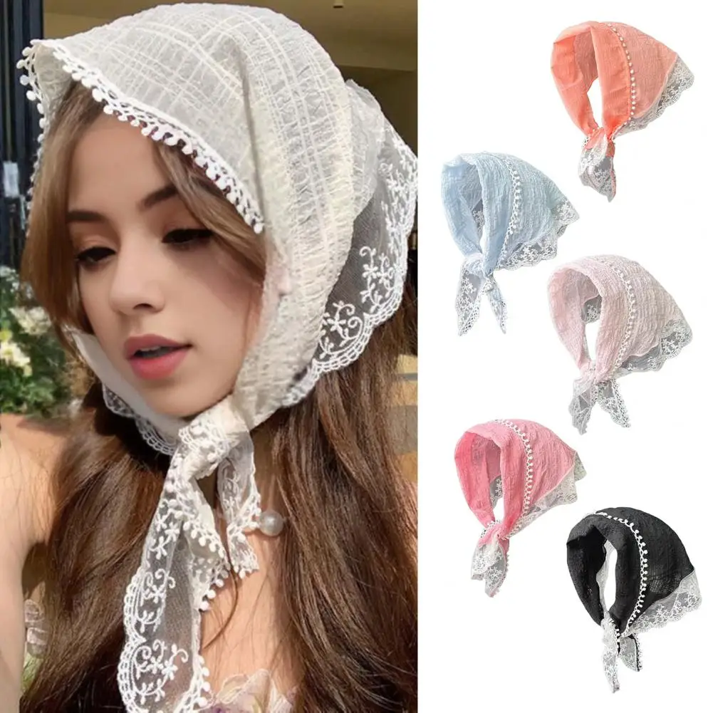 Women Summer Scarf French Style Lace Pattern Splicing Hairband Solid Color Retro Sunscreen Triangle Scarf Retro Ribbon 여성용 목도리