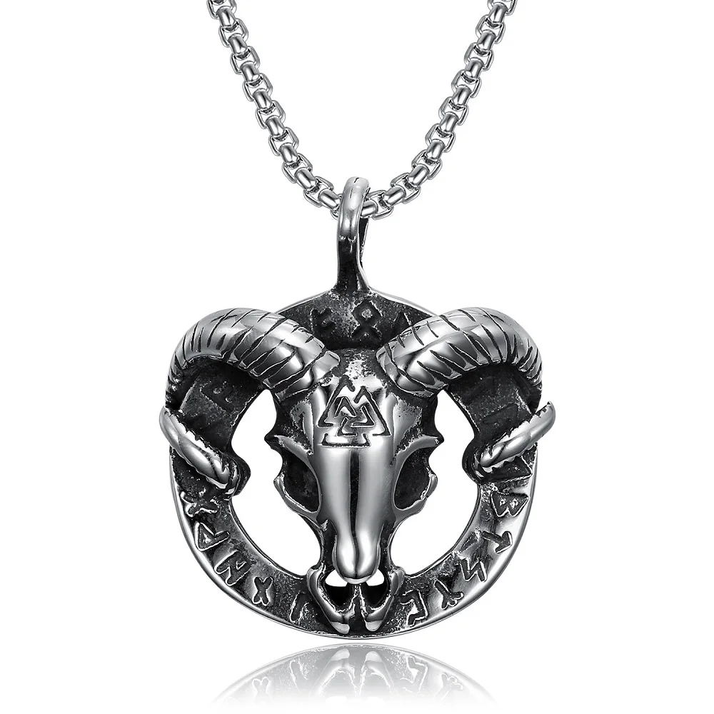 Vintage Viking Nordic Goat Skull Valknut Pendant Necklace For Men Stainles Steel Rune Biker Unique Amulet Jewelry Gift Wholesale