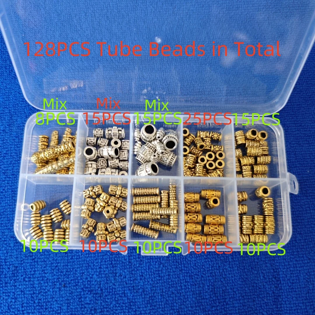 128PCS Antiqued Silver Gold Metal Assorted Tube Beads in Storage Box