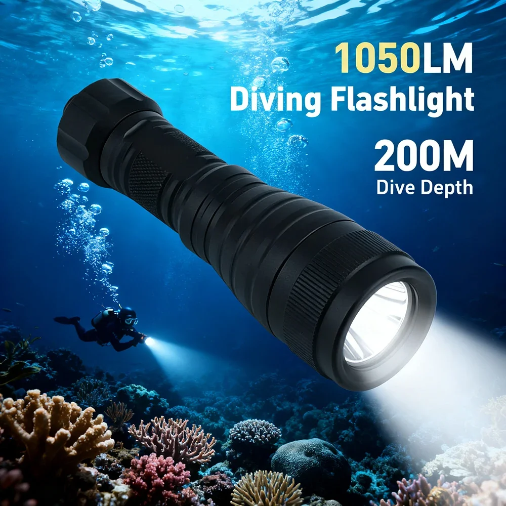 BORUiT DIV05 1000LM Diving Flashlight LED Scuba IPX8 Waterproof Underwater 150M Torch Submarine Lantern Use 18650 Battery