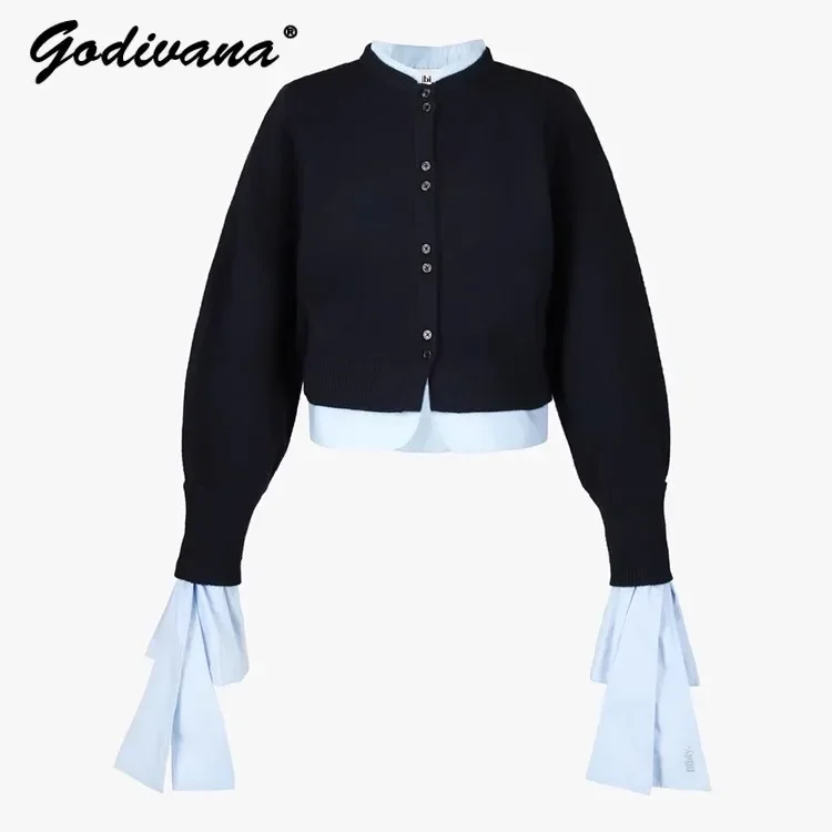 Japanese Style Front Button Knitted Sweater Women's New Autumn and Winter Ruffled Sleeve  Fake Two-piece Short Cardigan Coat