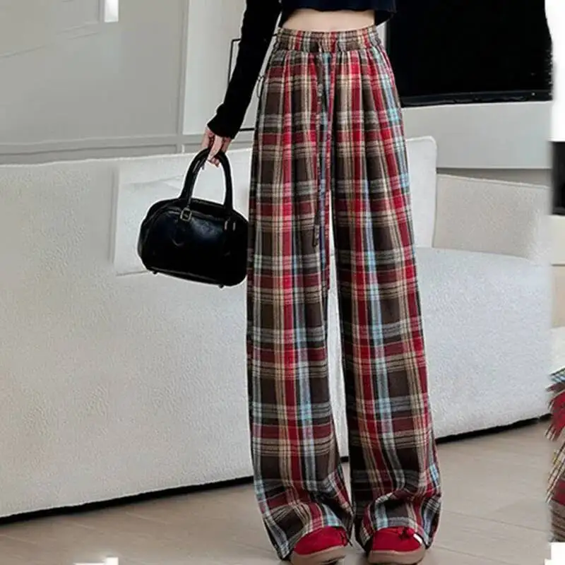 

American Vintage Red Plaid Straight Pants Women New Summer Casual Elastic Waist Drawstring Trouser Daily Versatile Wide Leg Pant