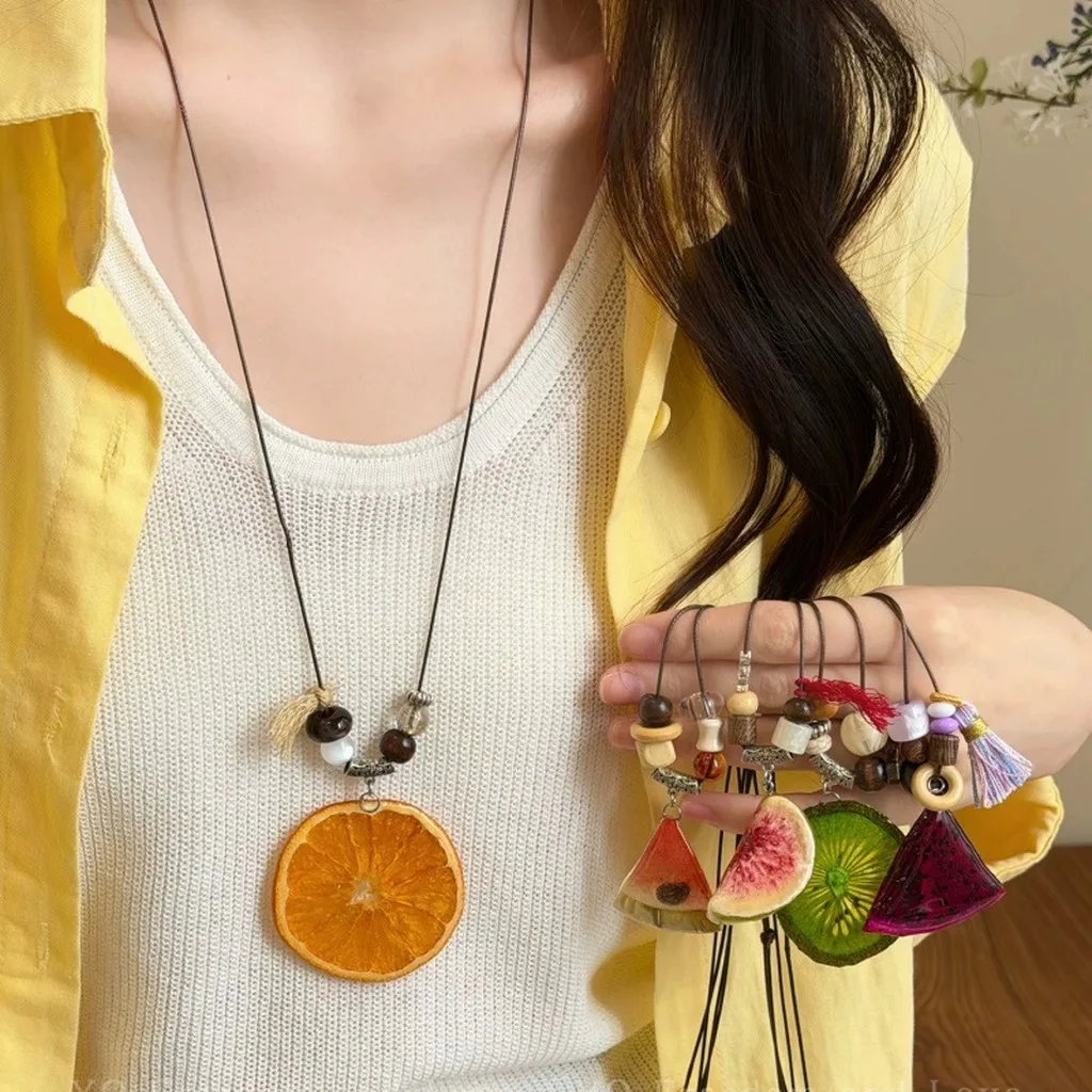 Handmade Resin Dried Fruit Pendant Necklace for Women Adjustable Fresh Fruit Slice Clavicle Chain Summer Daily Fashion Jewelry