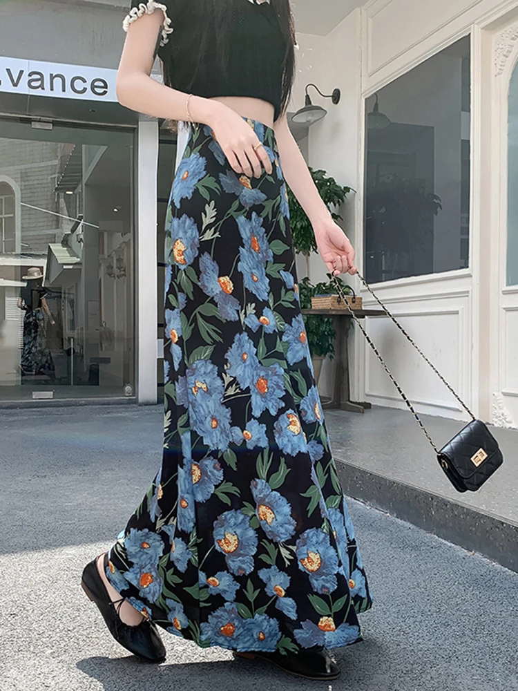 Women's Floral Print Chiffon Maxi Skirt High Slit Mermaid Hem Spring Summer Beach Vacation Long Tube Faldas Female SK122