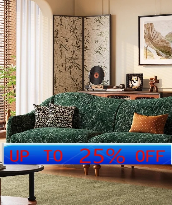 

LMM retro solid wood fabric sofa living room small apartment medium and ancient style straight row three-person cloud sofa