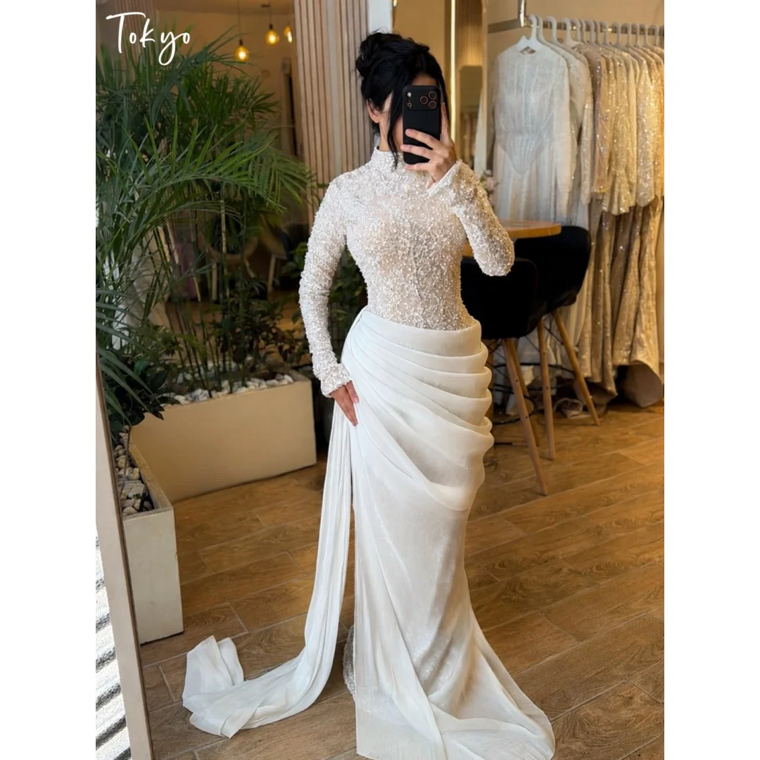 Tokyo Customized High Neck Draped Sheath Prom Dress Rhinestones Beading vestidos de noche Floor-Length Chiffon Evening Dresses