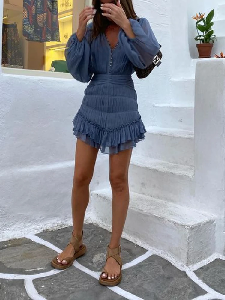 2023 New In Button Up Ruched Mini Dress Blue Smoke Spring/Summer Long Sleeve Elegant Lantern Sleeve Pleated Waist Dress