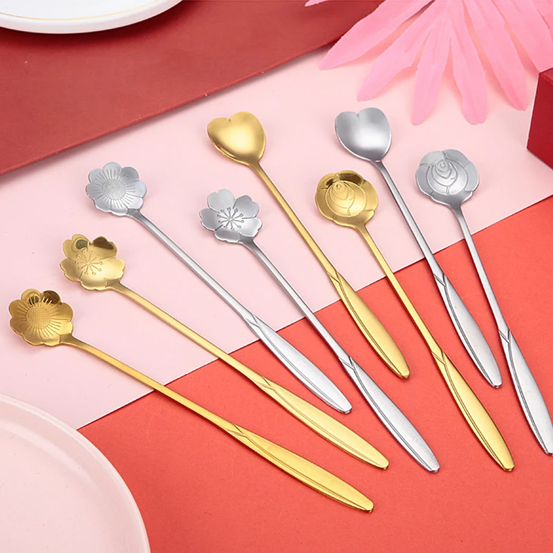 1Pcs Coffee Spoon Stainless Steel Cherry Blossom Rose Creative Long Handle Gold-plated Flower Spoons Kitchen Accessories