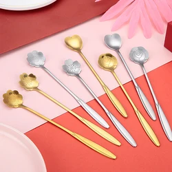 1Pcs Coffee Spoon Stainless Steel Cherry Blossom Rose Creative Long Handle Gold-plated Flower Spoons Kitchen Accessories
