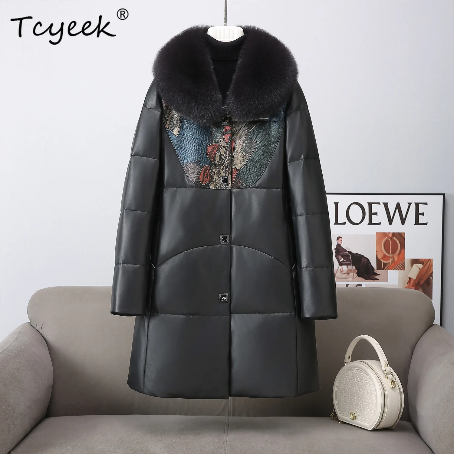 Tcyeek جلد الغنم الحقيقي جلد طبيعي أسفل سترة النساء الملابس الشتوية الثعلب الفراء طوق الدافئة أوزة أسفل معطف المرأة معاطف 2025