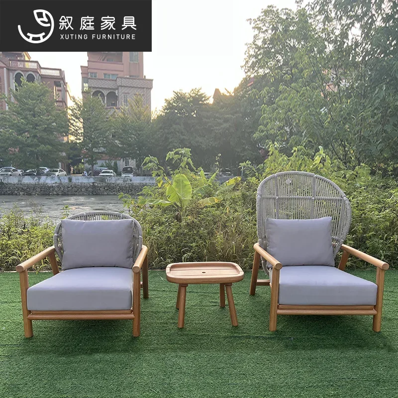 Teak outdoor sofa courtyard sunscreen waterproof rope chair leisure balcony rooftop solid wood single chair coffee table combina
