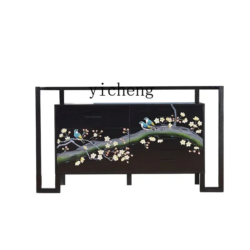 i10.9-New Chinese Style Hallway Shoe Cabinet Hall Cabinet Partition Solid Wood Flowers and Birds Painted Decoration Side Cabinet