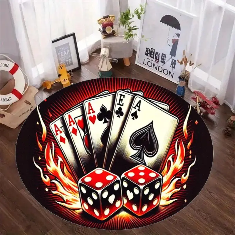 1pc Poker Cards Dice Flames Round Rug Casino Game Night Man Cave Bar Decor Red Black Bold Design Flannel Non Slip Rug
