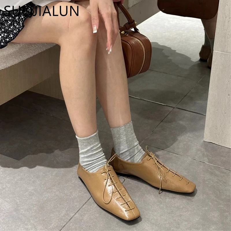 SUOJIALUN 2024 Spring New Women Flat Shoes Fashion Square Toe Lace Up Ladies Casual Laofer Shoes Soft Flat Heel Dress Single Sho