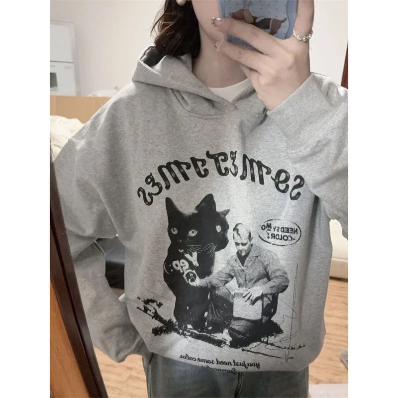 High Street Retro Black Cat Pattern Hoodie Y2K Printed Sweatshirt Gray Tops Loose Oversize Pullover Hip Hop Funny Clothes Casual