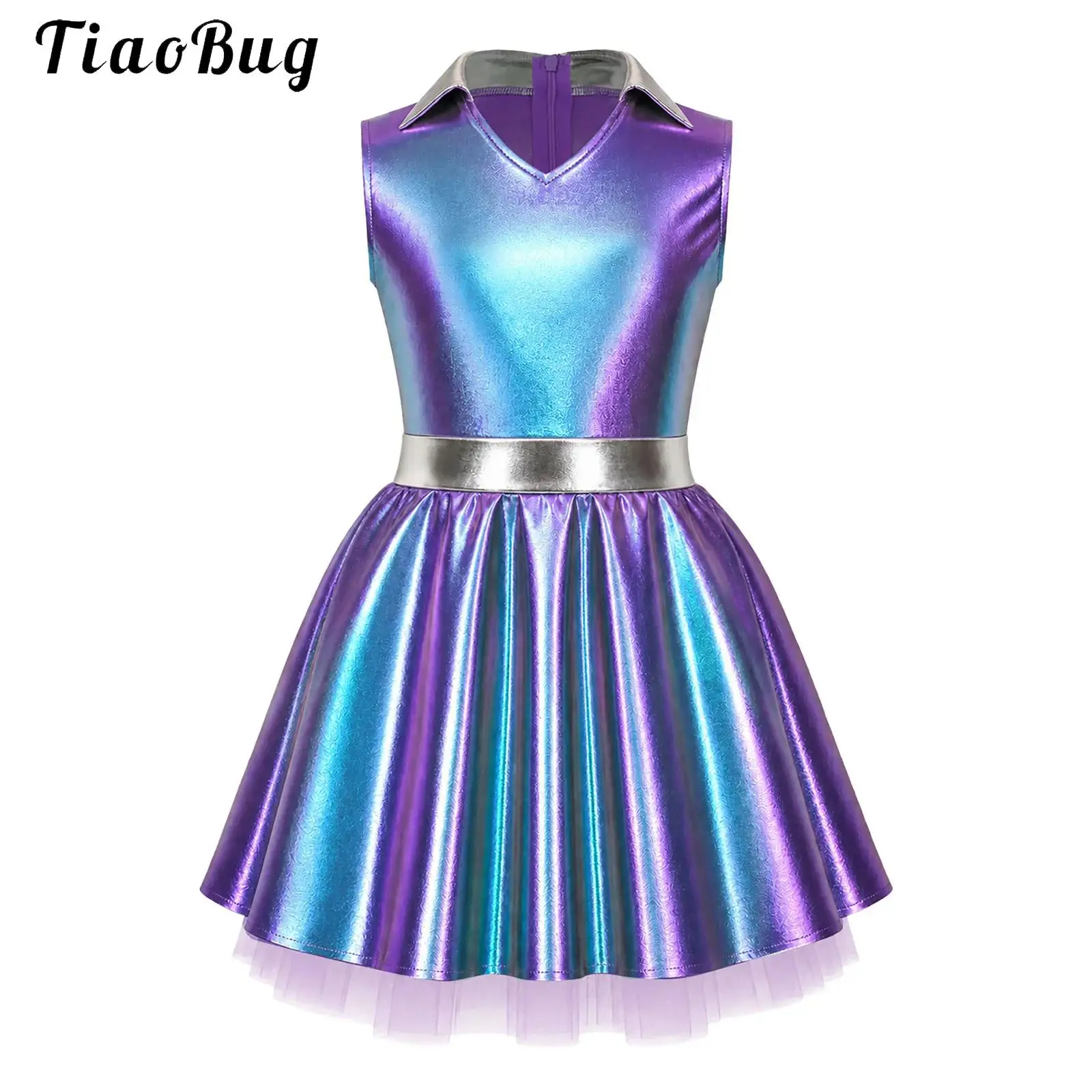 Kids Girls Disco Tutu Dress Space Robot Alien Costume Children Sleeveless A-line Tulle Metallic Dress for Halloween Theme Party