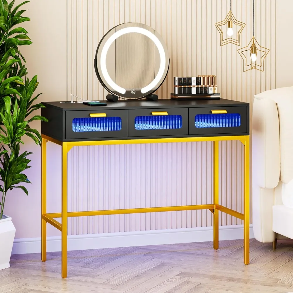 

Three in one dressing table, modern dressing table with 3 drawers and 3 color lighting modes, metal frame36"W x 16” x 30"H