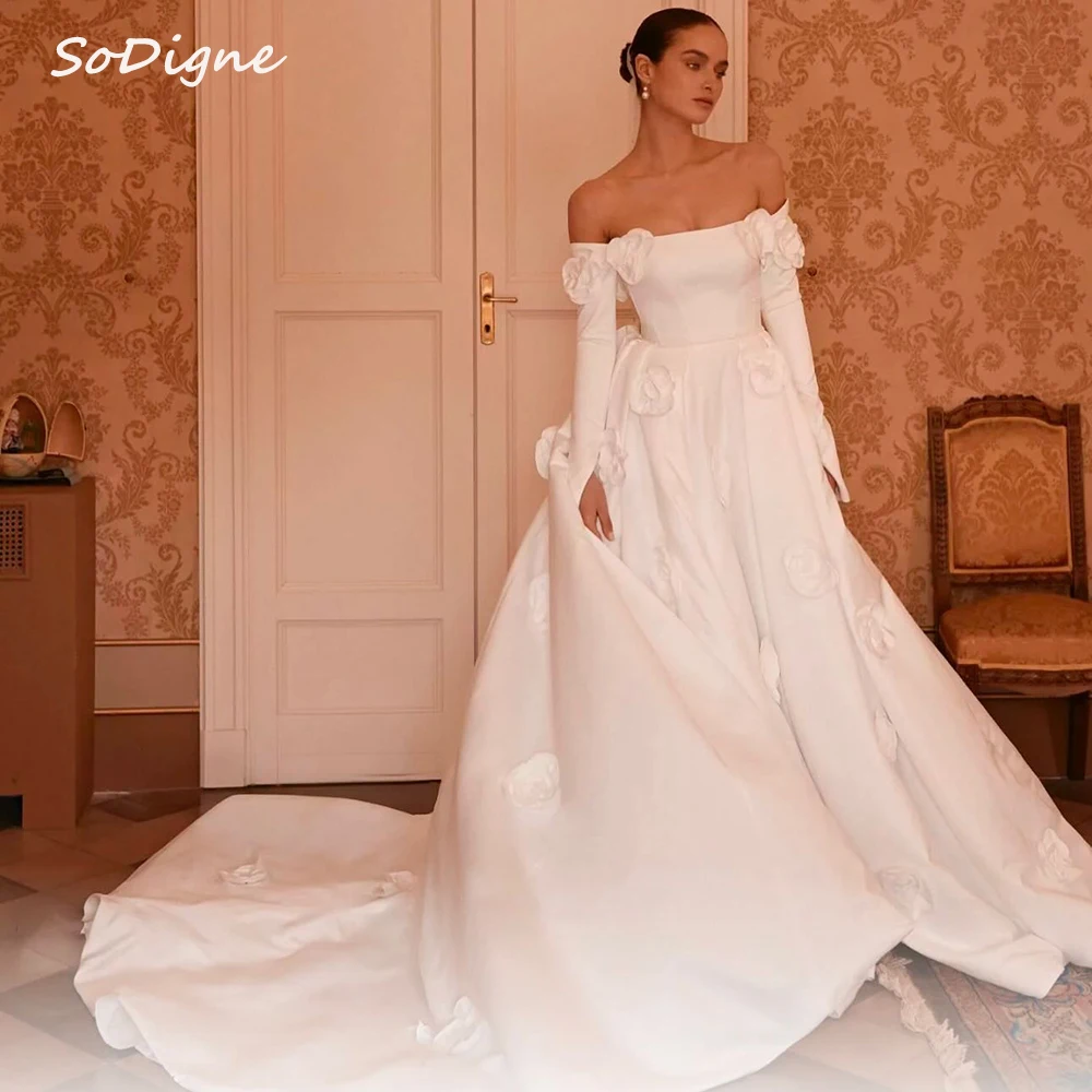 

SoDigne A-line 3D Flowers Wedding Dresses Strapless Off Shoulder Satin Bridal Dress Long Wedding Gown Robe De Mairee ﻿Customized