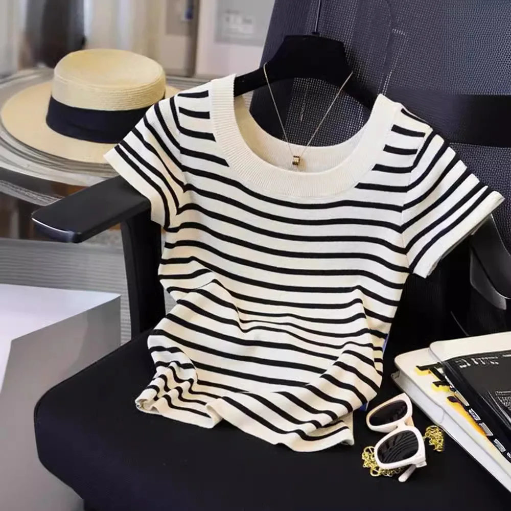 

Summer Thin Ice Silk Knitted Short Sleeve T-Shirt Women's Shoulder Width Regular Polyester Fiber French Style Small Size Top