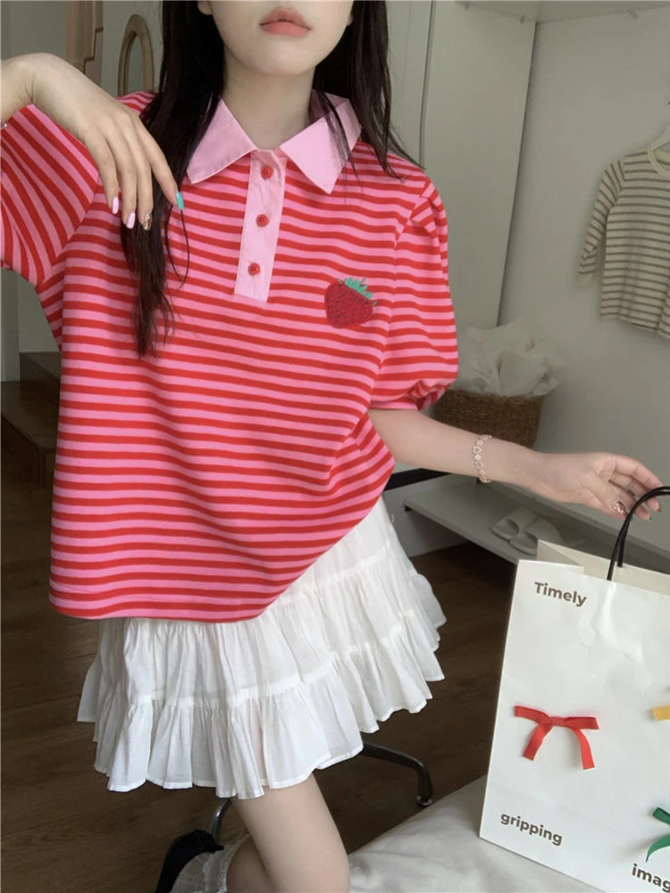 Polos para mujer, camisetas bordadas a rayas rosas, estilo coreano holgado Y2k Vintage de una pieza, ropa Emo de poliéster, camiseta femenina