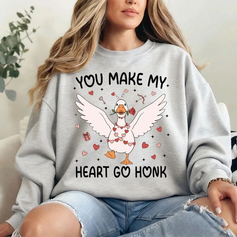 Funny Valentine Goose Shirt, You Make My Heart Go Honk Long Sleeves, Pink Coquette Valentine Sweatshirt, XoXo Be Mine Hoodie Tee